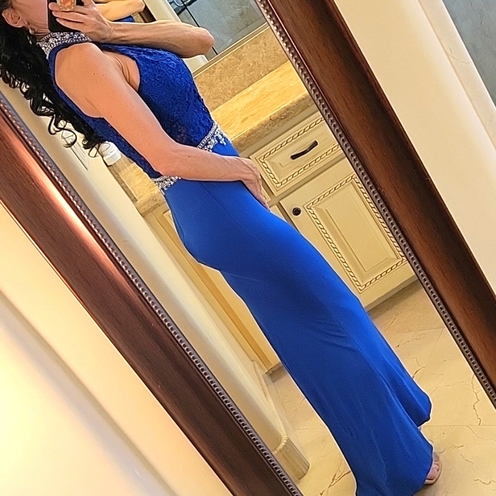 Blue Pearl & Rhinestoned Embellished Mermaid High-low Formal Dress, XS - Picture 3 of 16